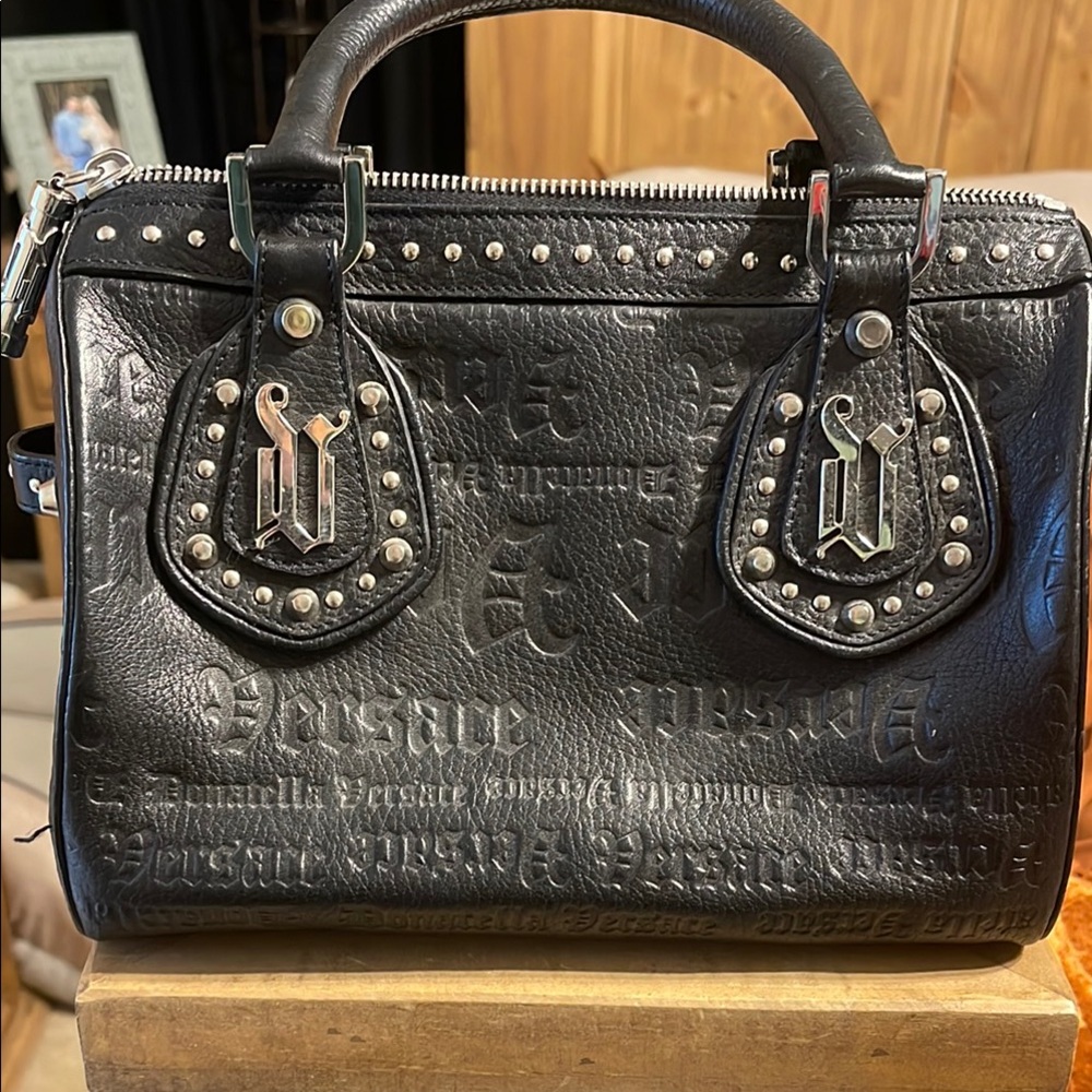 Versace Black Mini Bag with Embossed Leather and Silver Hardware